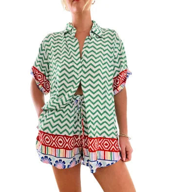 Fashion Print Beach Holiday Set For Women Summer New Short Sleeve Buttoned Shirt Wide Legs Shorts Oversized Two Piece Set
