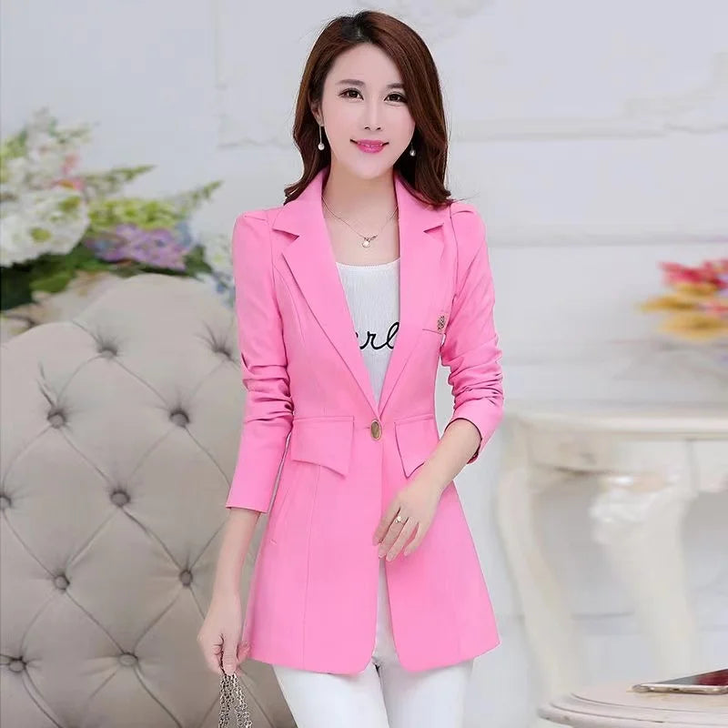 2026 New Spring Autumn Women Blazer Jacket Solid Single Button Mid Long Suit Slim Large Size Ladies Business Office Blazer Coat