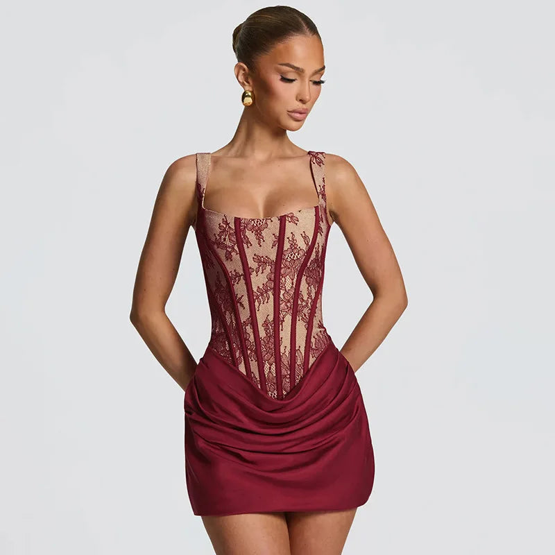 Lace Patchwork Pleated Dress Women Spaghetti Strap Mini 2026 Spring Summer Dress Evening Nightclub Sexy Party Dresses