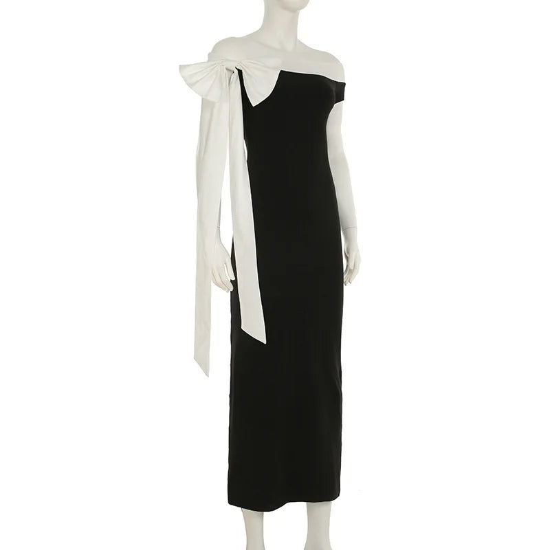 Hmsevenjz Black and White Bow Off Shoulder Long Dress for Women's Summer Sexy Slim Fit Short-sleeved Elegant Dress
