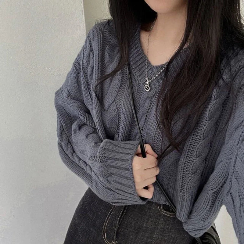 Vintage Twist Cropped Sweater Pullover Women Autumn Winter Loose V-Neck Knitted Jumper Lazy Style Classic Long Sleeve Knitwear