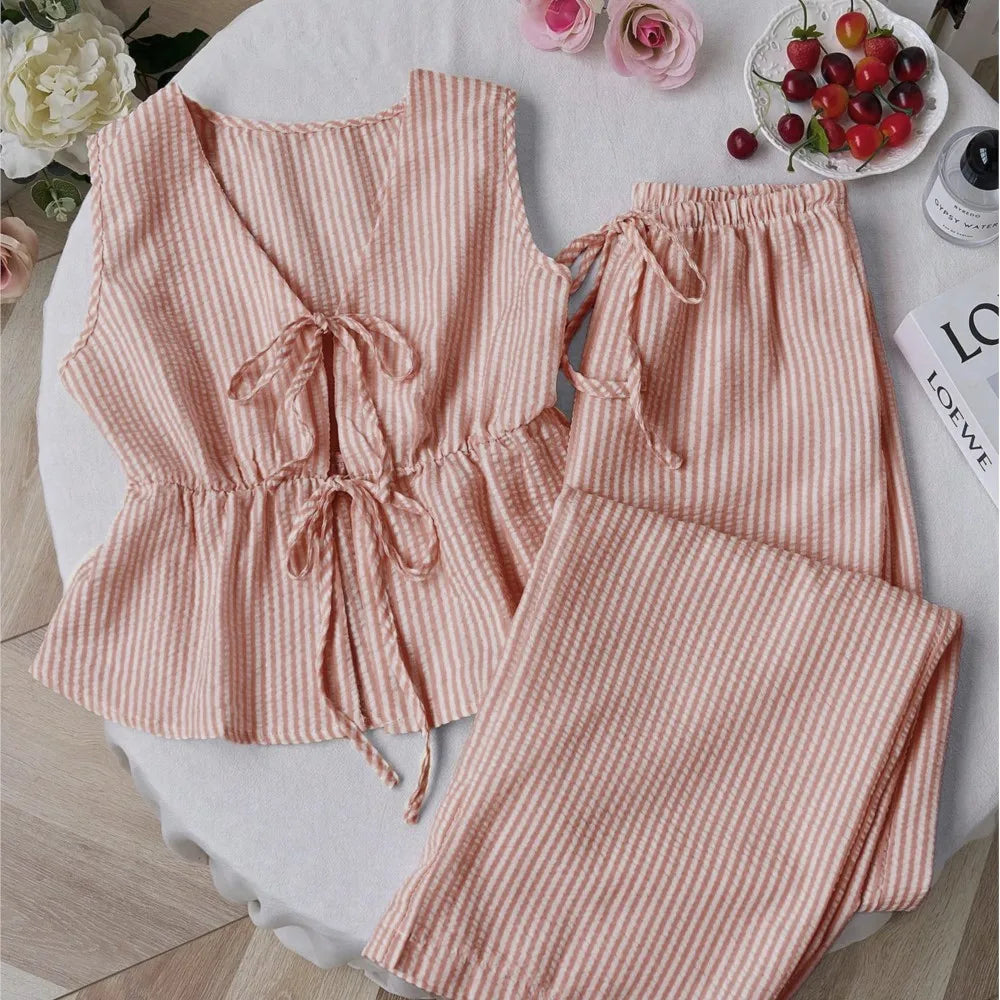 Striped New Two Piece Set Summer V Neck Lace Up Sleeveless Blouse High Waist Wide Leg Pants Sets  Casual Solid Women Sets