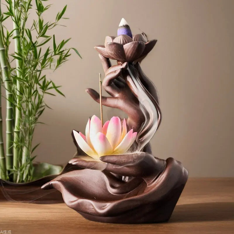Newest Celadon Backflow Incense Fountain Antique Lotus Incense Burner for Incense Sticks Holder Gothic Decor Zen Bergamot Stove