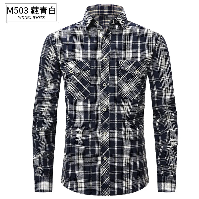 Men's long sleeve shirt ground wool plaid comfortable casual spring summer autumn high quality slim-fit free ironing fast