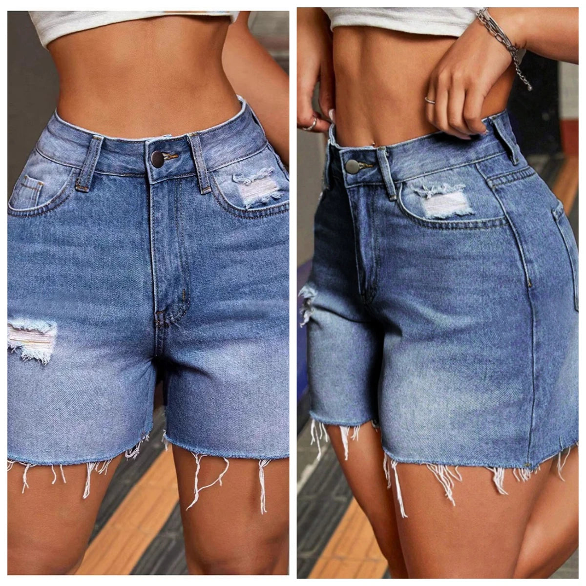 2026 Summer Women's High Stretch Denim Shorts Holes High Waist Tassel Jeans with Pockets Female Streetwear Knee-length Pants