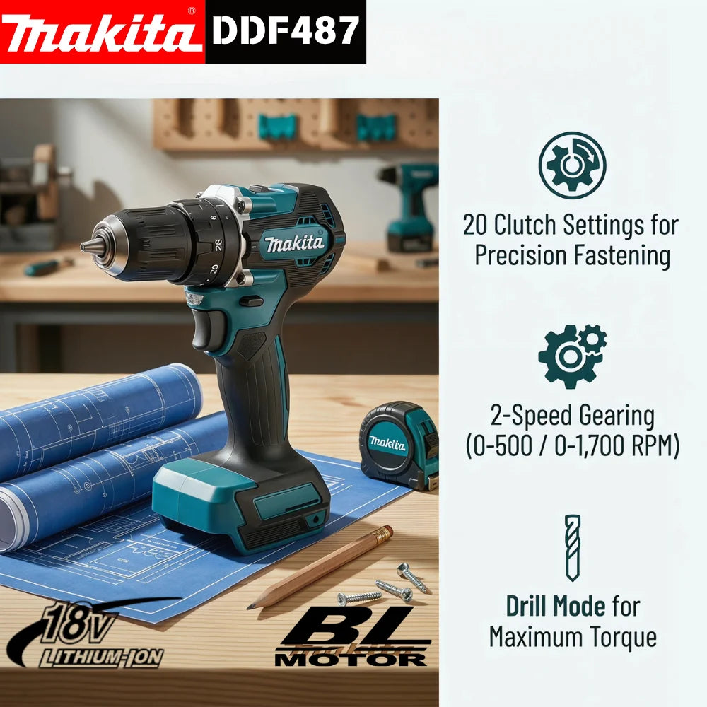 Makita Original DDF487 18V LXT Brushless Drill Driver, Multifunctional Rechargeable Screwdriver for Wood Metal Drilling Tasks