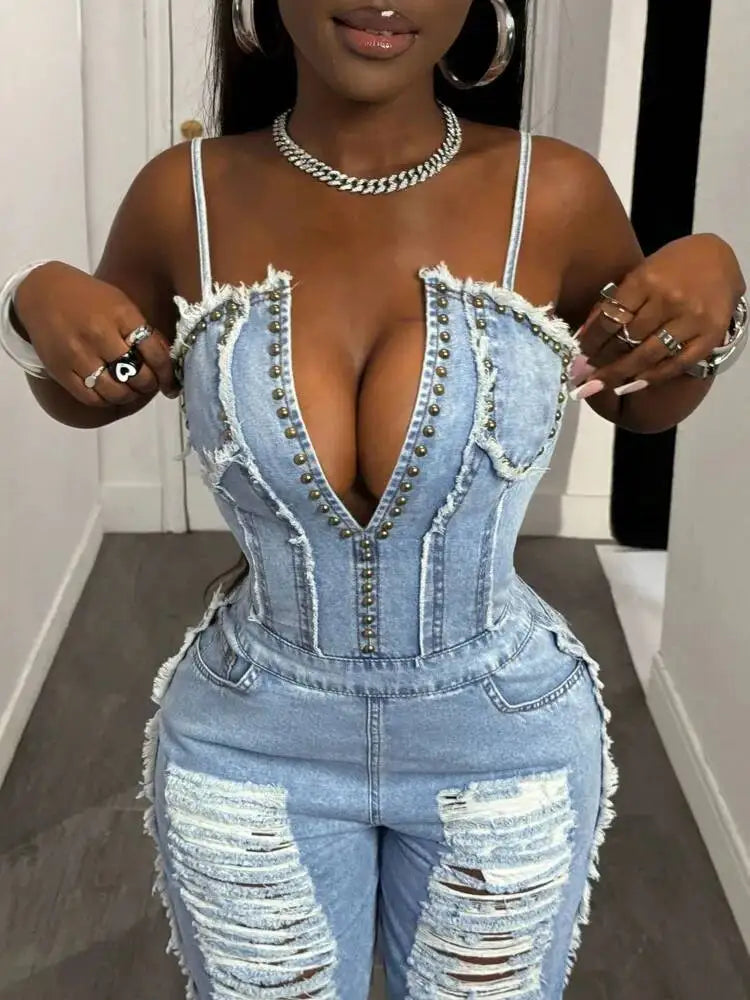 SHENGPALAE Women Denim Jumpsuit Spaghetti Strap Wide Leg Ripped Frayed Pocket Street Washed Autumn 2026 New 05E03276