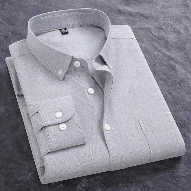 Newly Design Shirts For Men Spring Fall Long Sleeve Solid Color Oxford 100% Cotton Smart Casual Business Stripe Plaid White 5XL