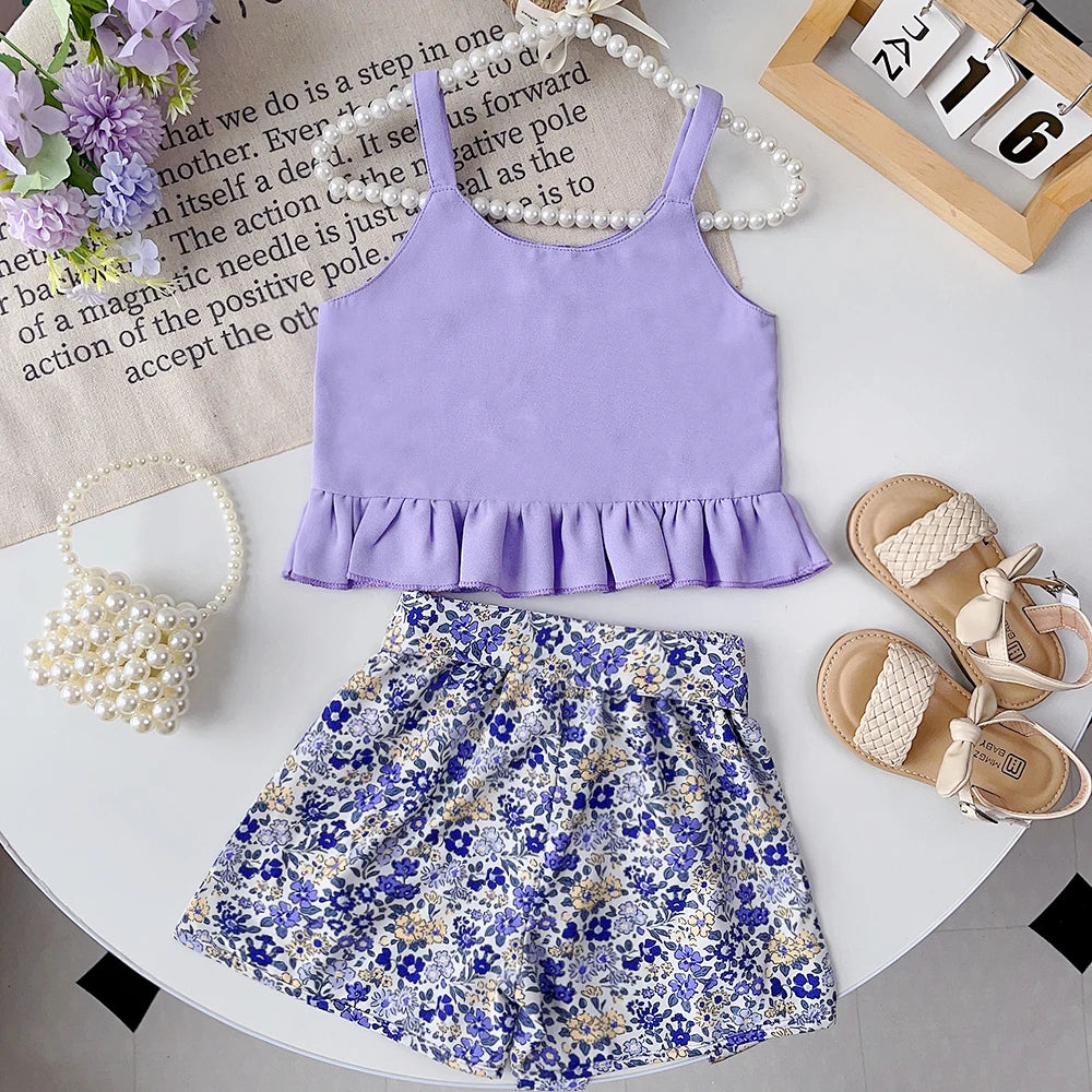 Bear Leader Girls Clothing Sets Summer Solid Suspender T-shirt Tops + Floral Shorts Sets 2pcs Kids Clothes Suit 2pcs Outfits