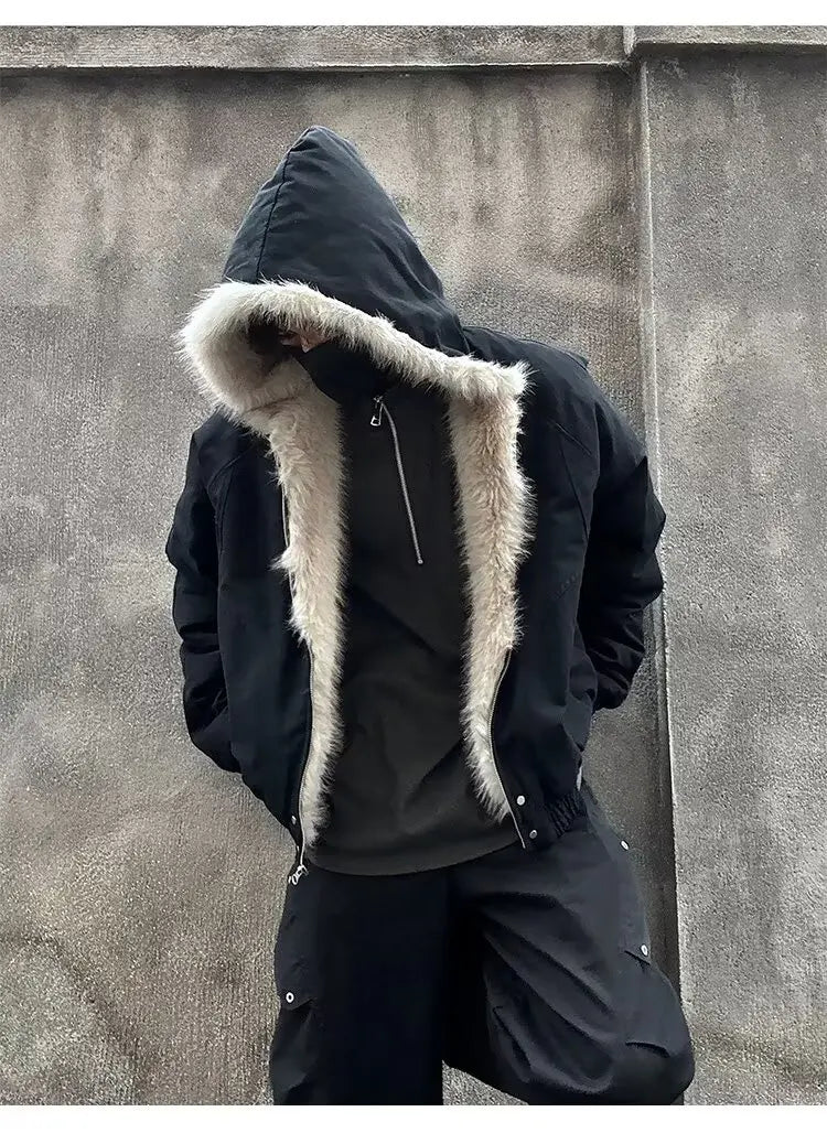 American Retro Lamb Fleece Cotton Jacket Winter Thickened Keep Warm Fur Collar Jacket Zipper Hoodie Loose Coat men clothing
