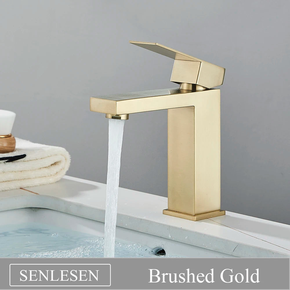 Senlesen Brushed Gold Bathroom Faucet Basin Faucets Deck Mounted Sink Mixer Tap Stainless Steel Countertop Hot Cold Water Crane