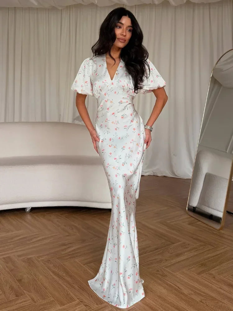 Elegant Printed V-neck Maxi Dress Women Fashion Satin Puff Short Sleeve High Waist Slim Long Dresses 2026 Summer Lady Party Robe