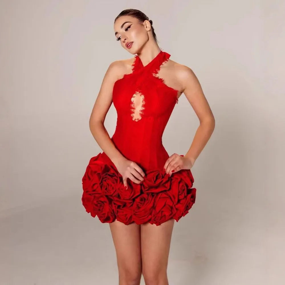Women Sexy Hollow Out Lace Patchwork Bandage Dress Fashion Flowers Club Party Mini Dresses