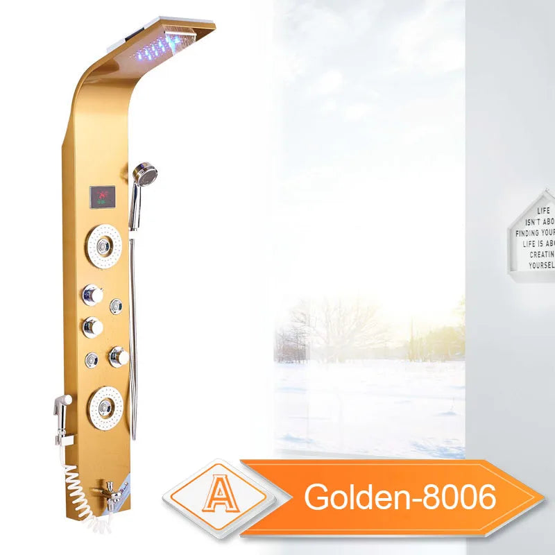 LED Light Bathroom Shower Panel Intelligent LCD Shower Column System with 6 Modes Rain Waterfall Massage Jet Bath Mixer Tap