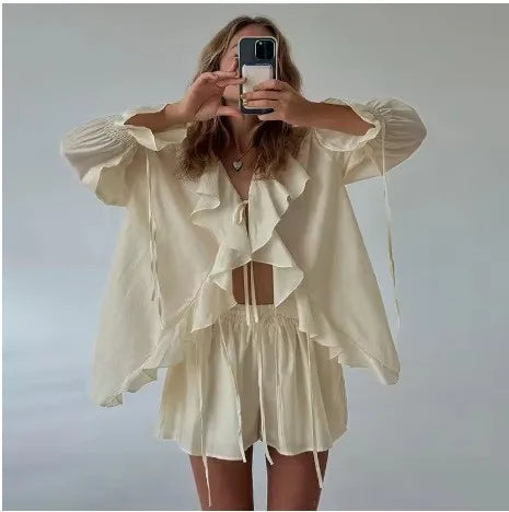 New Casual Shorts Two-piece Set For Women Ruffled Loose Lace-up Top Simple Shorts Suit Office Ladies Summer Women's Shorts Suit
