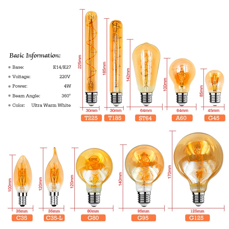 2-10pcs Retro LED Spiral Filament Light Bulb E14 E27 4W 220V Warm Yellow C35 A60 ST64 T185 T225 G80 G95 G125 Vintage Edison Lamp