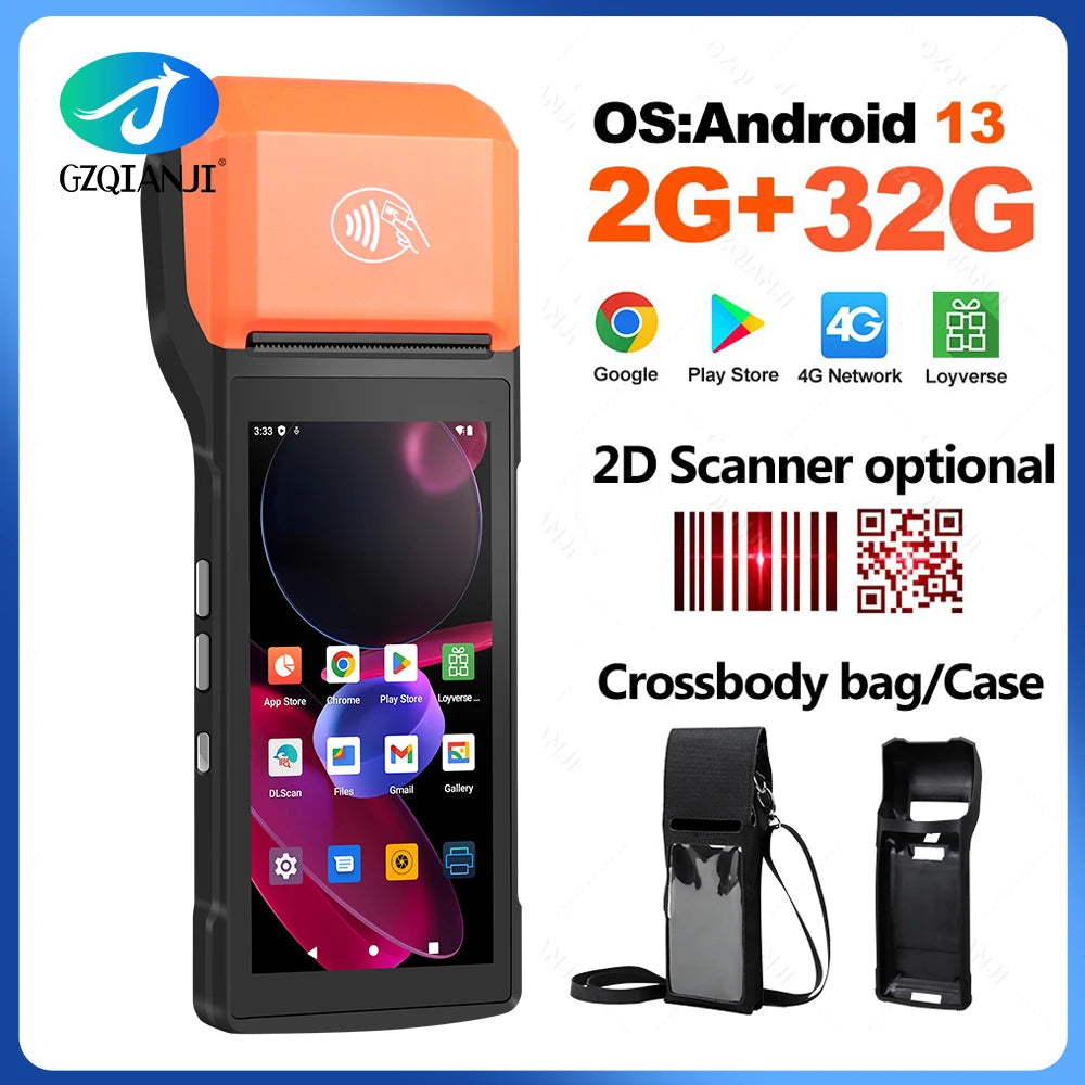 4G Android 13 Handheld Terminal POS Printer 58mm Thermal Printing, 1D/2D Barcode Scanner for Small Business & Protective Case