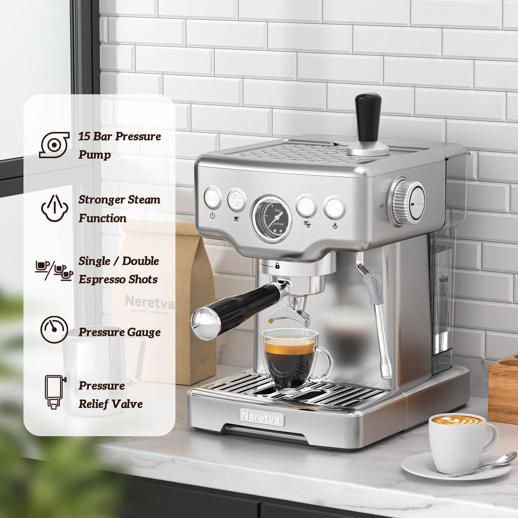 Neretva 15 Bar Espresso Machine with Milk Frother Steam Wand for Cappuccino, Latte, Macchiato, 1450W （220V）