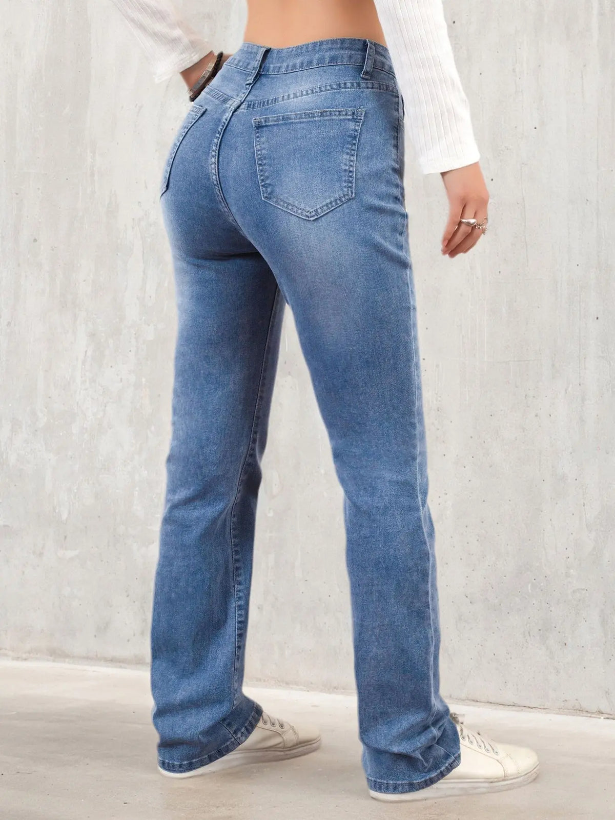 Women's denim pants suitable for all seasons light blue simple casual fashionable versatile elastic perforated flared pants