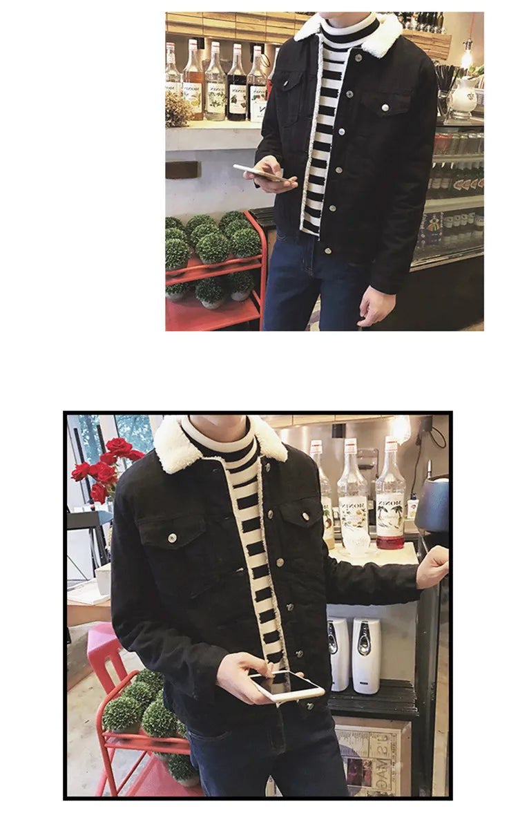 Thickened Fleece Winter Jacket for Men Youth Casual Style Long Sleeve Denim Coat with Stand Collar Button Closure Slim Fit