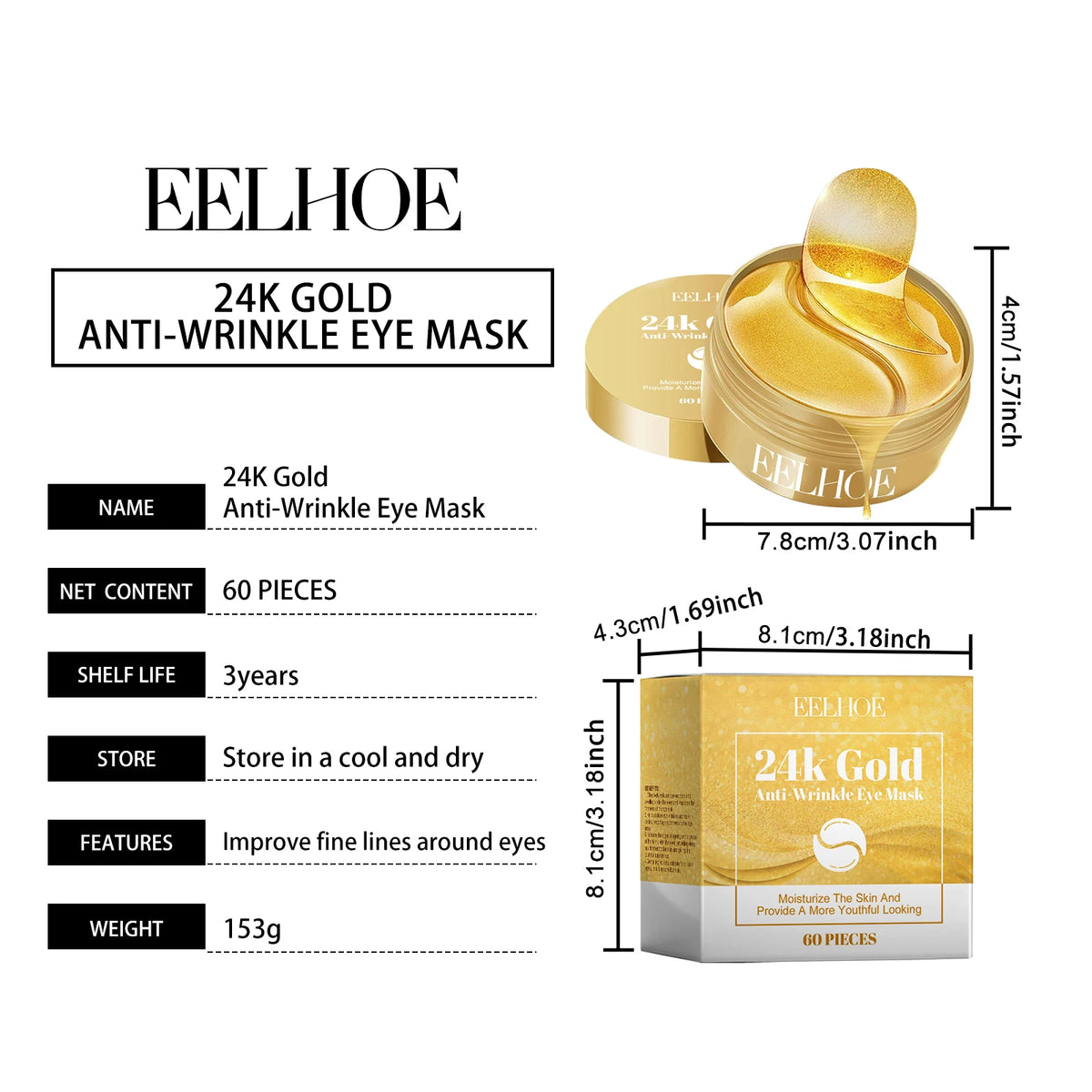 60Pcs 24K Gold Anti‑Wrinkle Eye Mask Collagen Hyaluronic Acid Eye Patches Moisturizing Brighten Dark Circles Firming Under‑Eye