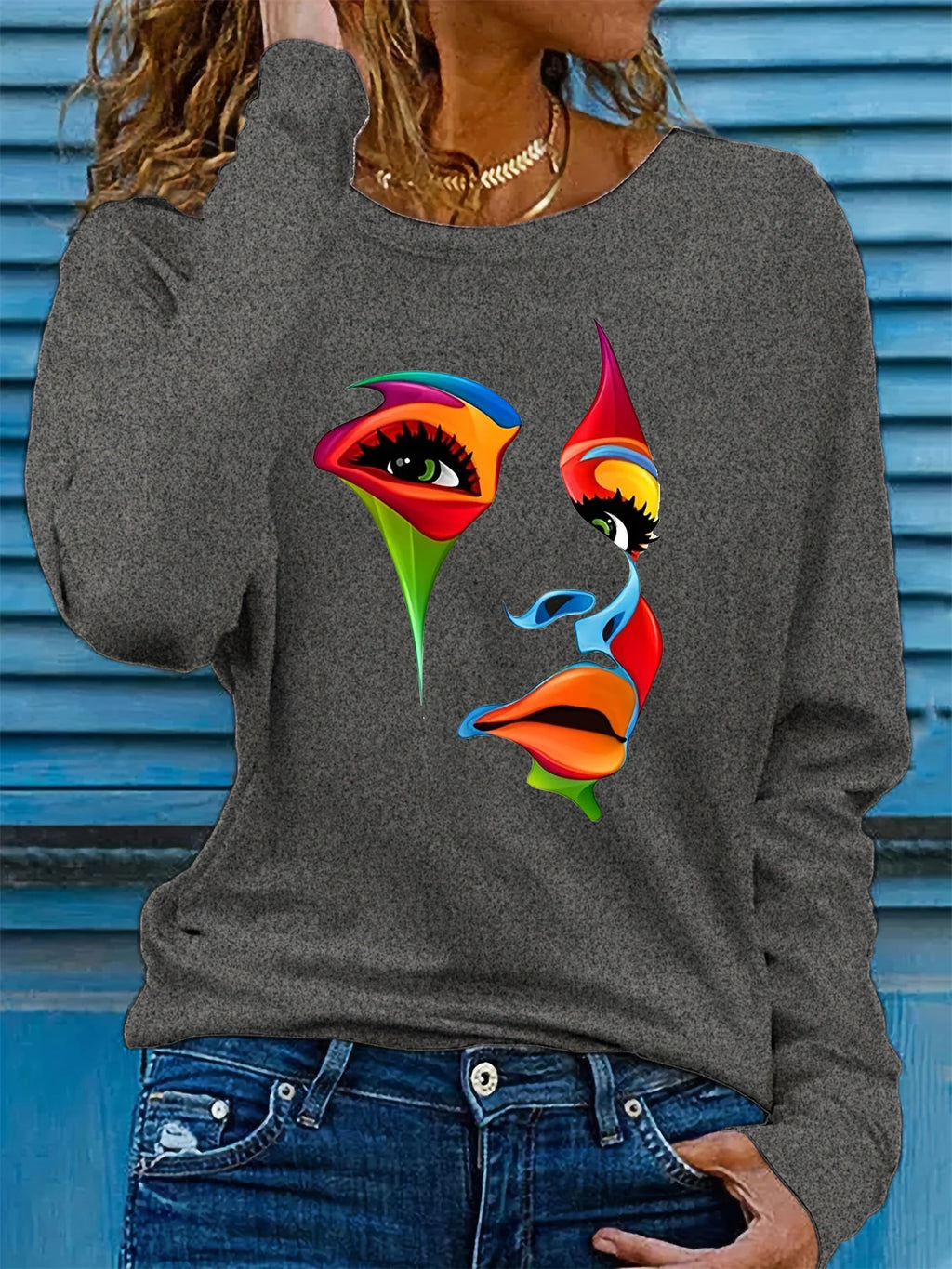 100% pure cotton women's spring and autumn casual fashion long sleeved portrait graphic printed round neck T-shirt