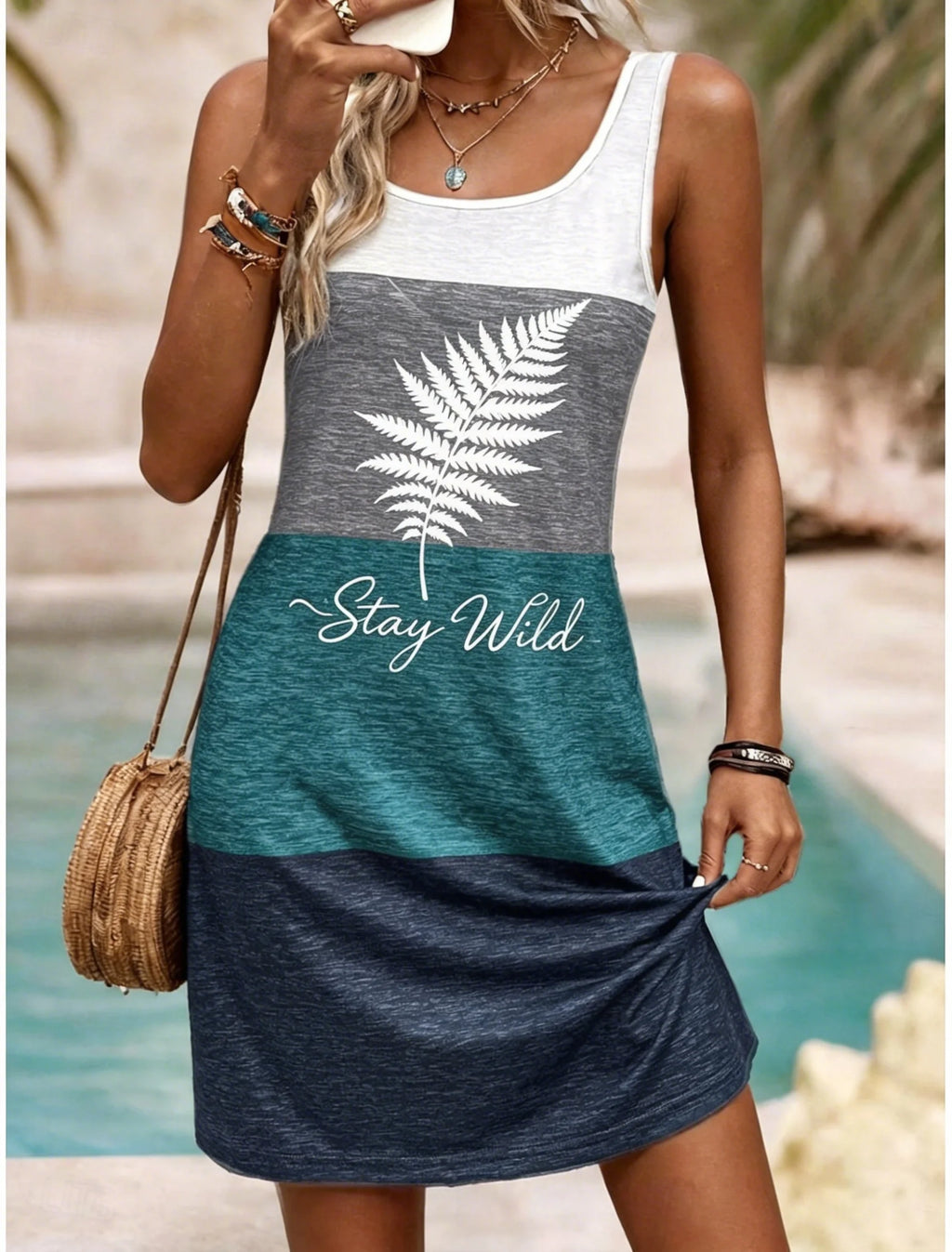 Women's U-Neck Color Block Monstera Breathe Print Sleeveless Casual Tank Dress Beach Vacation Mini Dress for Spring Summer