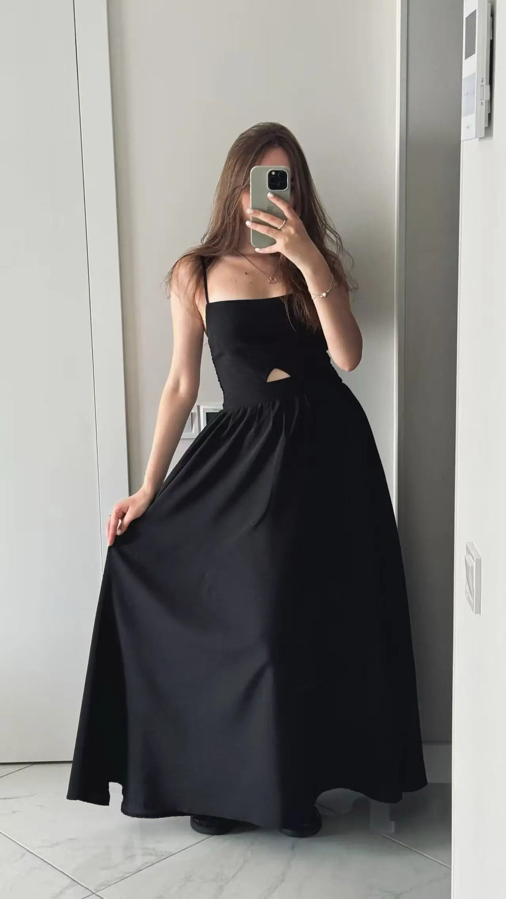FSMG Fashion Black Breathable Sleeveless Backless Halter Dress Summer Sexy Spaghetti Strap Hollow Out Pockets Side Long Skirt