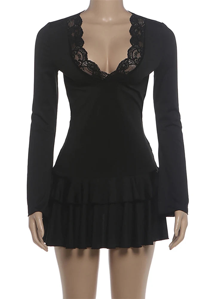 Fantoye Patchwork Lace Sexy V-neck Ruffle Women Mini Dress Long Sleeve High Waist Dress Autumn Skinny Elegant Party Club Dresses
