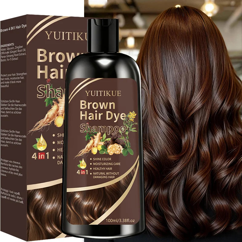 YUITIKUE Brown Hair Dye Shampoo 100ml 4-in-1 Moisturizing Care, No Damage & Fast Gray Hair Coverage