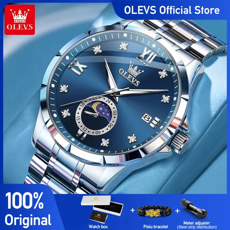 OLEVS 2956 Mens Watch Business Original Quartz Watch Large Dial Waterproof Luminous Automatic Date Moon Phase Watches For Man