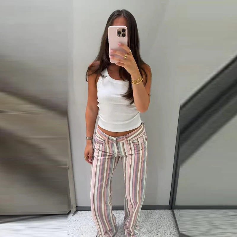 Color Vertical Stripe Women's Wide Leg Pants Folded Wide Waistband Side Thin Drawstring Tie Relaxed Drape Length Casual Pants