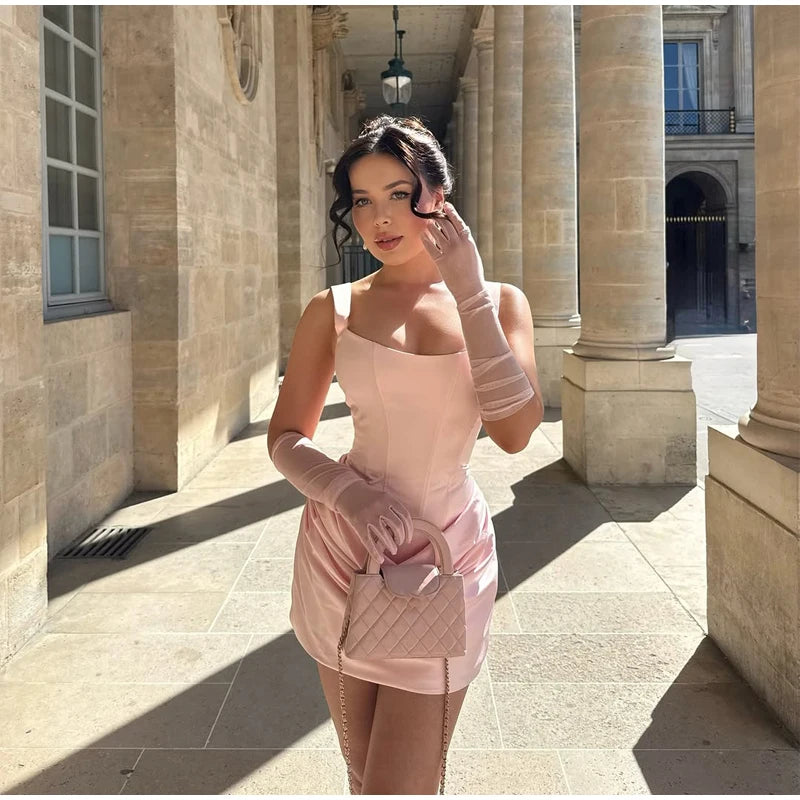 Women Sexy Square-neck Halter Mini Dress 2025 Pleated Sleeveless Backless High Waist Bodycon Dresses New Summer Lady Party Gowns