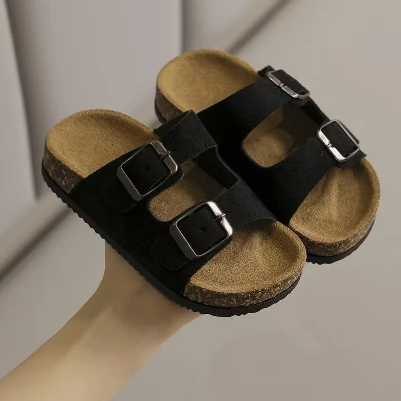 Summer Toddler Kids Boys Girls Suede Cork Slide Sandals Double Buckle Non-Slip Soft Sole for Indoor Outdoor Daily Casual Wear