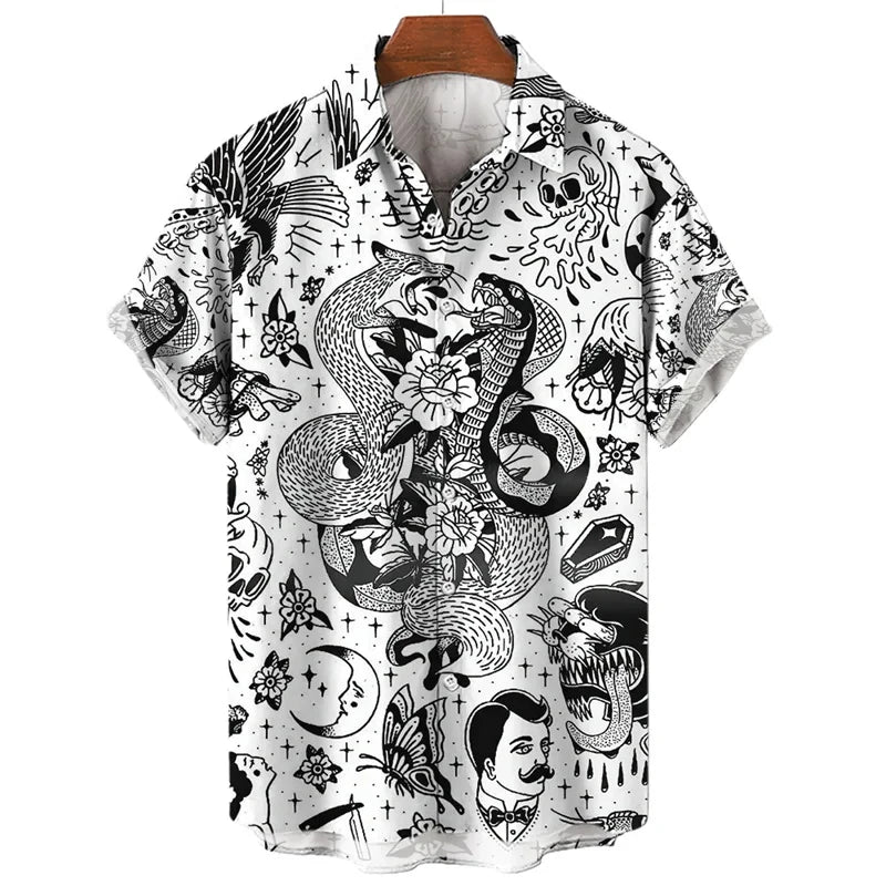 3D retro digital printed men's lapel short sleeved shirt