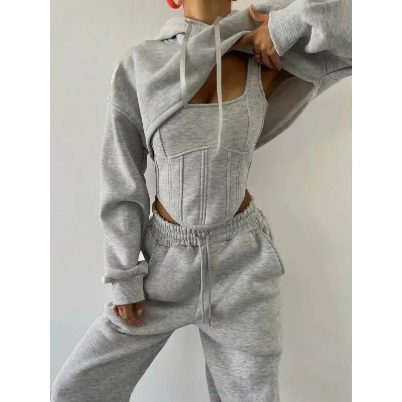 Y2K Sexy Sportswear Women's 3 Piece Set Long Sleeved Hooded Cardigan+slim Fit Strapless Vest+straight Leg Wide Pants