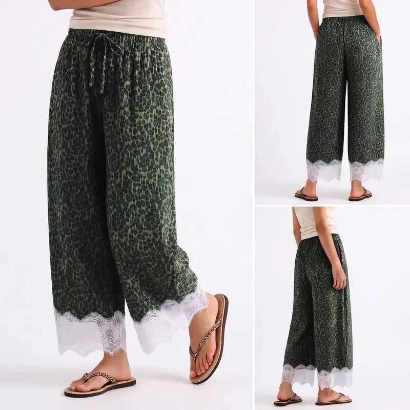 Women Leopard Print Wide Leg Pants Elastic Waist Drawstring Lace Trim Hem Loose Casual Autumn Fashion New Trousers