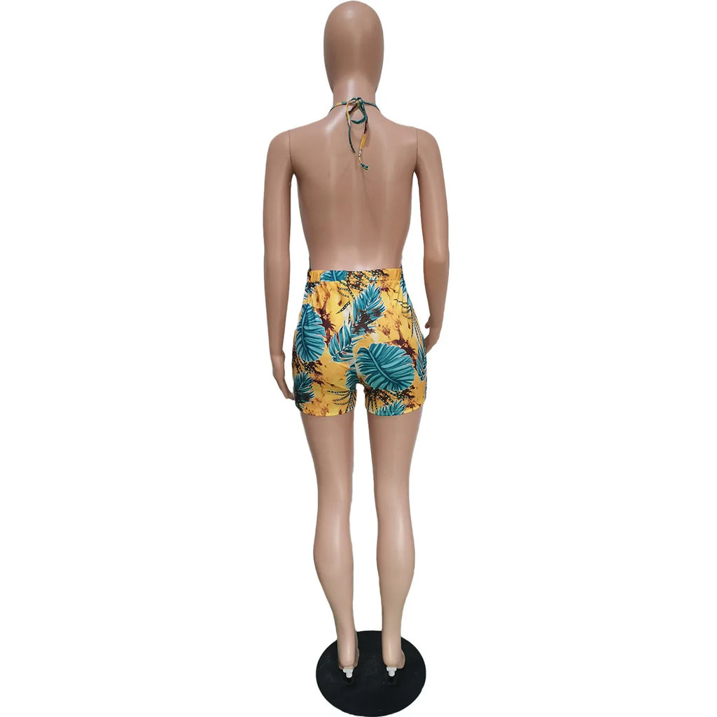 Women Rompers Outfit Halter Neck Cutout Crop Top Tie Front High Waist Biker Shorts Tie-Dye Design Summer Beach Short Jumpsuit