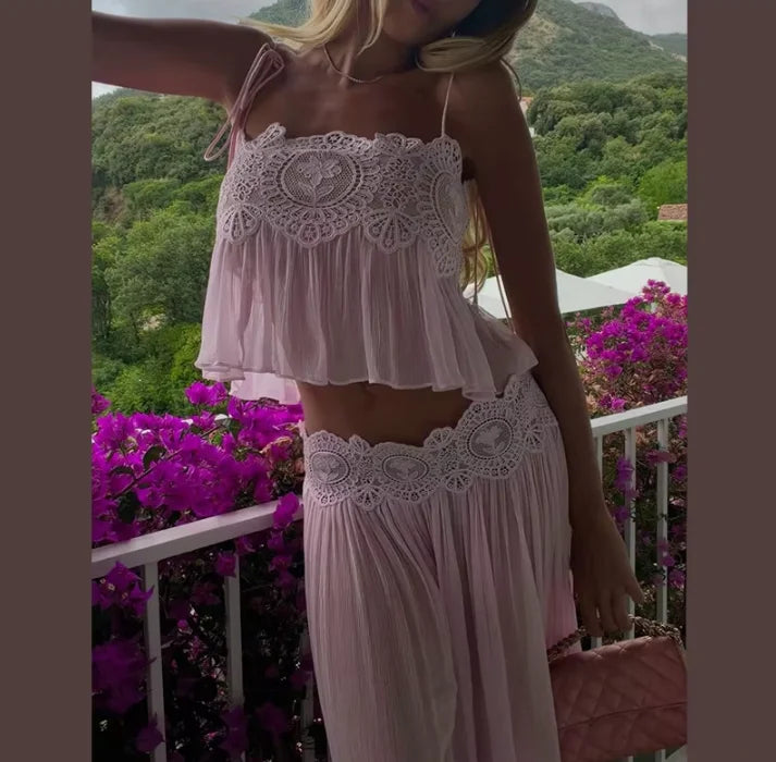 Women Pink Lace Double Strap Crop Top Two Piece Set Boho Sleeveless Flowy Matching Outfit 2026 Seaside Vacation Casual Outfits