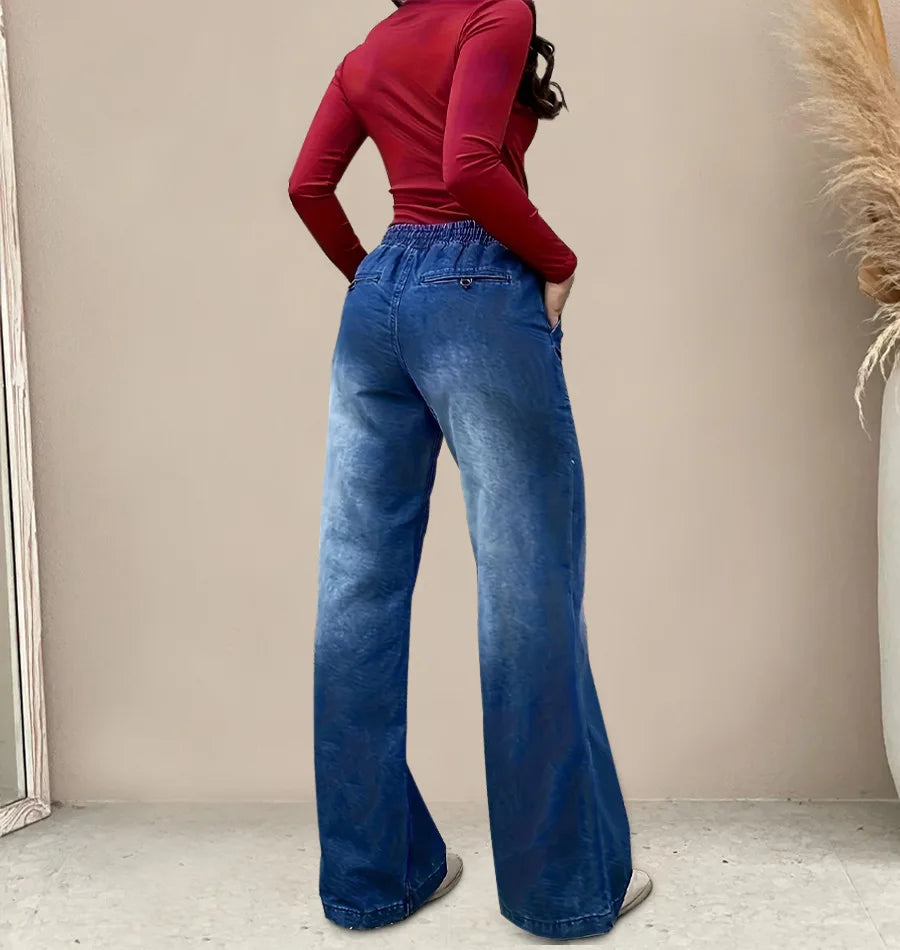 Chic High Waist Drawstring Denim Pants Women's Straight Wide Leg Jeans Fashion Trousers