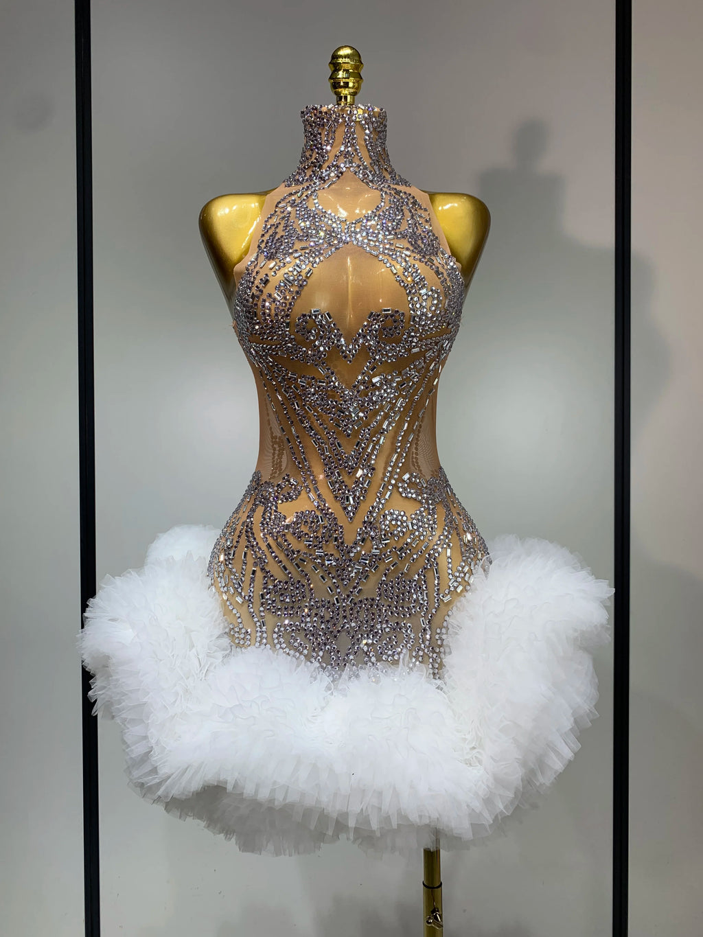 Luxury Women Sexy Sparkly Rhinestone Sleeveless Mesh See Through Bodycon Mini Birthday Dress Evening Party Performance Costume
