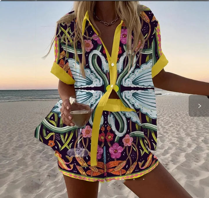 Fashion Print Beach Holiday 2 Piece Set Women Summer Short Sleeve Shirt Top Wide Legs Shorts Women's Oversize Two Piece Outfit