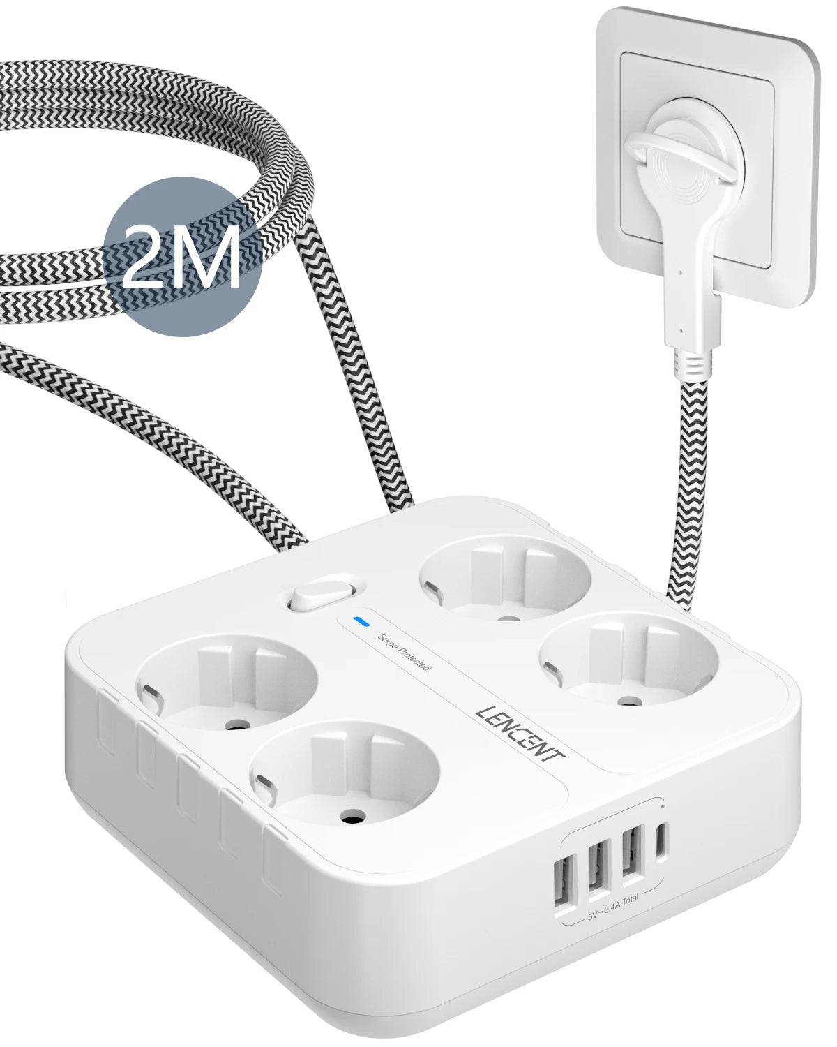LENCENT EU Plug Power Strip  with 4 AC + 3 USB + 1 Type C 2M/3M Braided Cable 700J Surge Protection Socket with Switch for Home