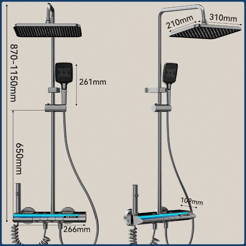4-way Rainlfall Shower System Set Smart Digital Bathroom Shower Faucet Set Grey Aluminum Shower Set with Temperature Display