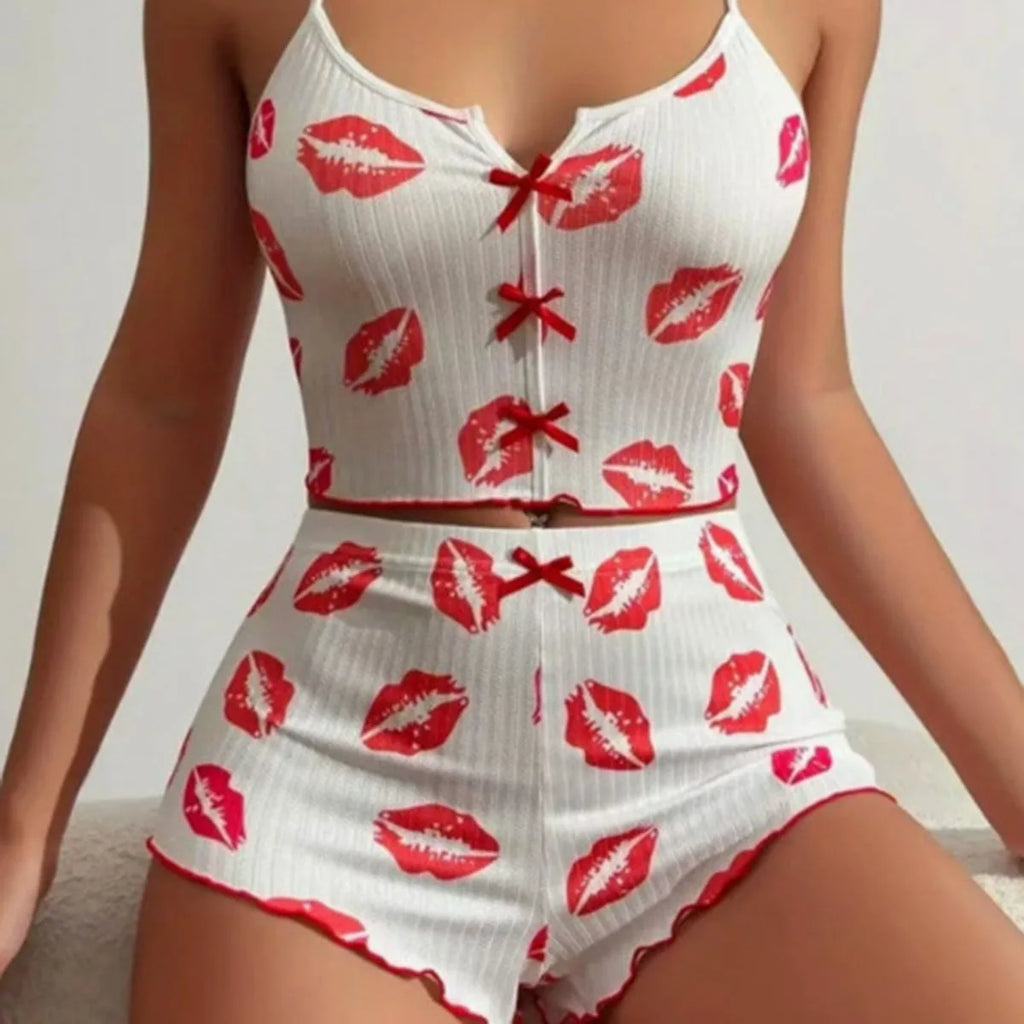 Sexy Heart Print Pajama Set for Women Sleepwear Silk Stain V-Neck Sleeveless Casual Cami Top and Shorts Sets Loungewear