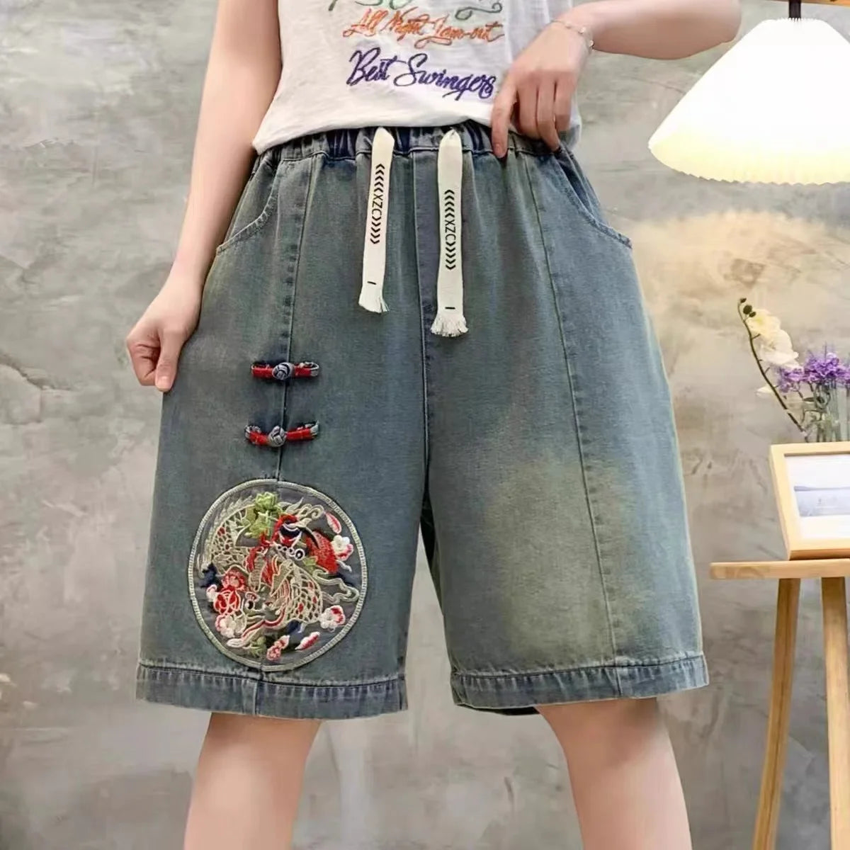 Retro Distressed Embroidered Denim Shorts Women's Loose Wide Leg Pants High Waist Blue Thin Summer New Style Fashionable