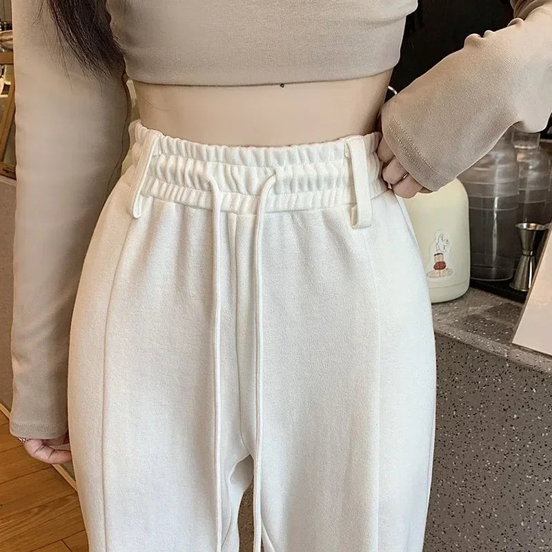 Girls Designer High Waist Flared Pants Lady Korean Slim Fit Casual Trousers Women Chic Drawstring Straight Leg Pants