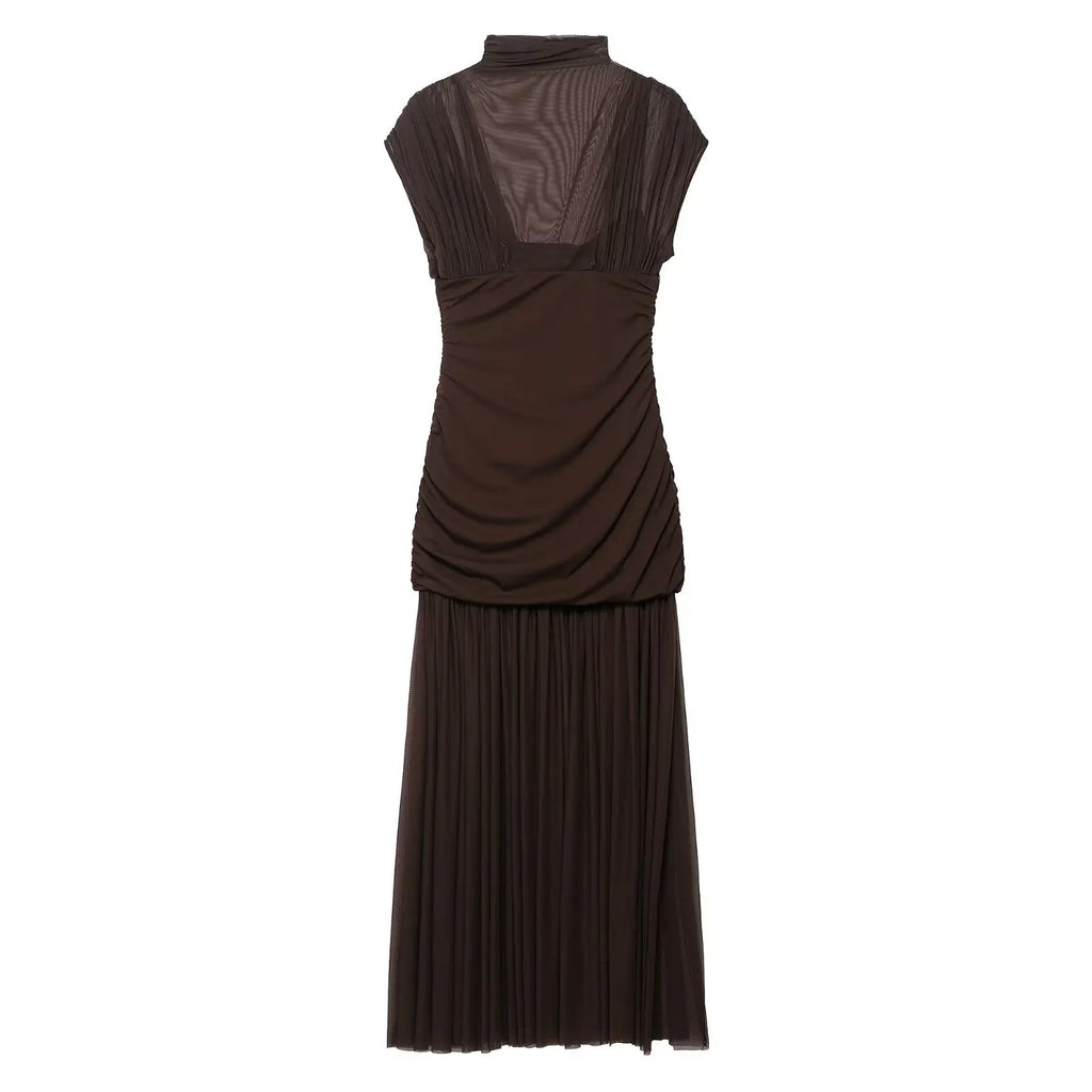 Tossy Black Mesh Fashion Maxi Dress For Women Sleeveless See-Through Patchwork Pleated Party Dress Female Autumn Long Dress 2025