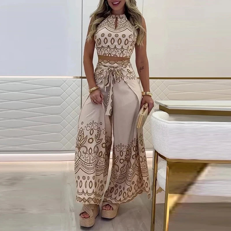 Elegant Halter Sleeveless Blouse & Lace-up Pant Set Casual Lace-up Party 2Pc Outfit Women Fashion Pattern Print Bohemian Outfits