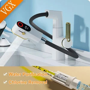 VGX Multifunctional Bathroom Faucets Pull Out Basin Mixer Sink Faucet Gourmet LED Temperature Tap 360° Tapware Crane Brass White